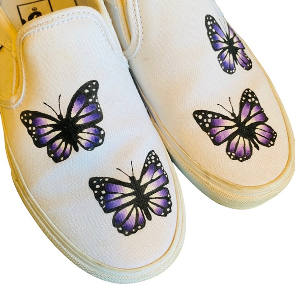 VANS Custom Hand Painted Butterfly Slip On Sneakers - Picture 2 of 8